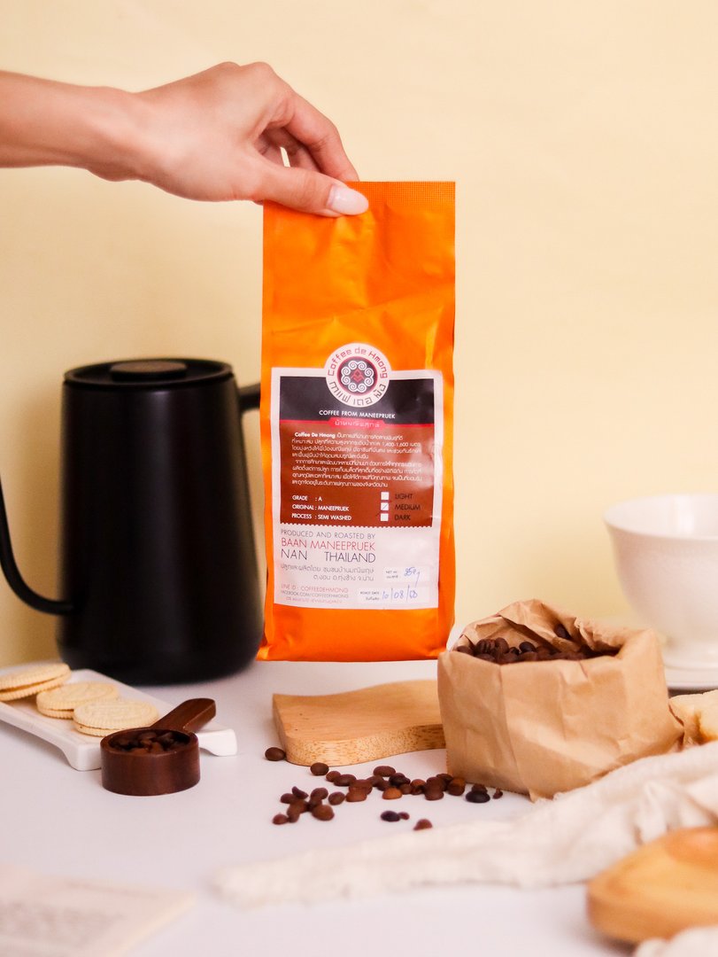 เมล็ดกาแฟคั่ว คั่วกลาง ตรา กาแฟ เดอ ม้ง