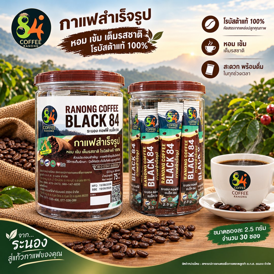 กาแฟสำเร็จรูป RanongCoffee Black "84"